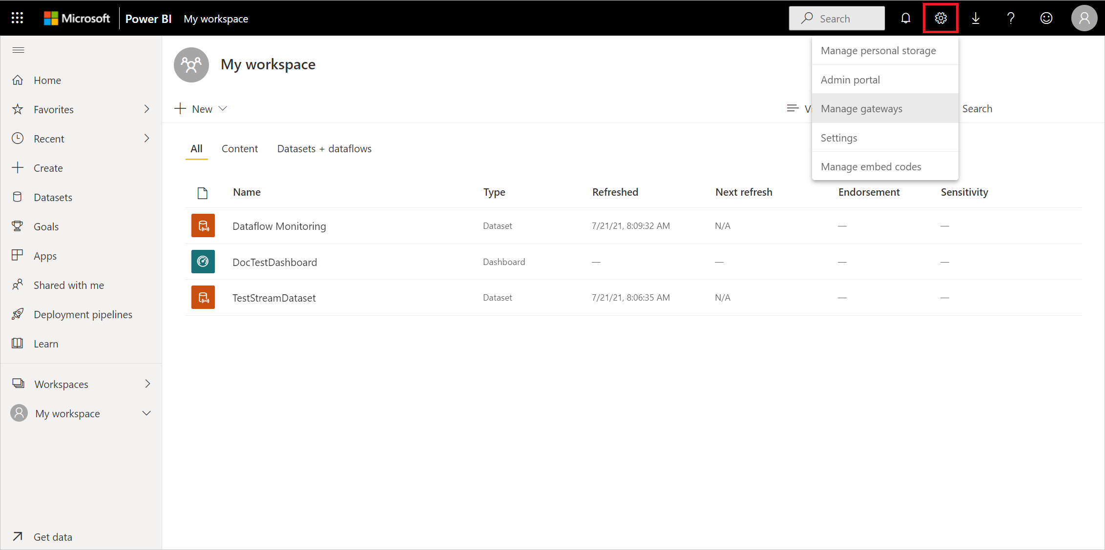 Image of the Power BI service open, the gear icon selected, and the Manage gateways menu with Manage gateways emphasized.