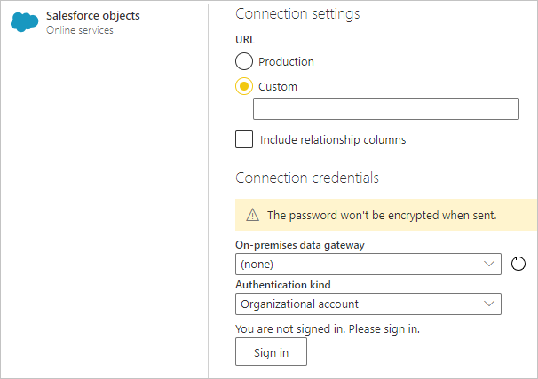 Add Salesforce Object connection information.