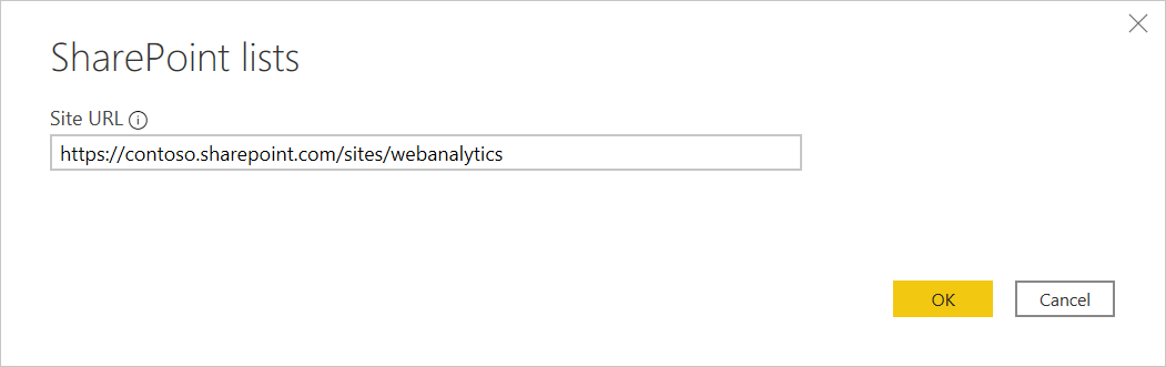Image of the SharePoint lists dialog with the Site URL filled in.
