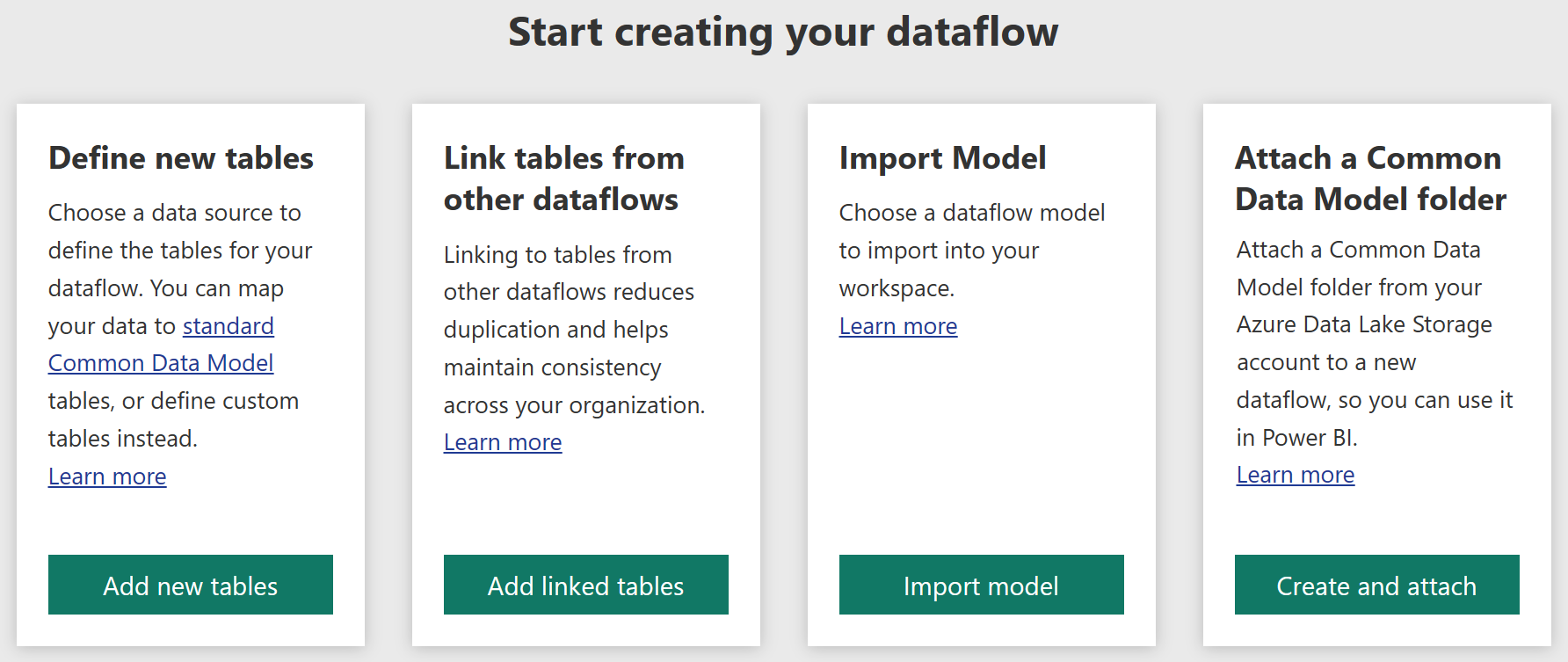 Create dataflow menu where "Define new tables", "Link tables from other dataflows", "Import model", and "Attach a Common Data Model folder" options appear
