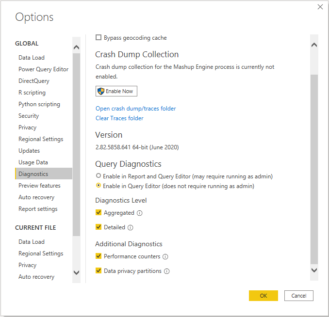 Query Diagnostics options