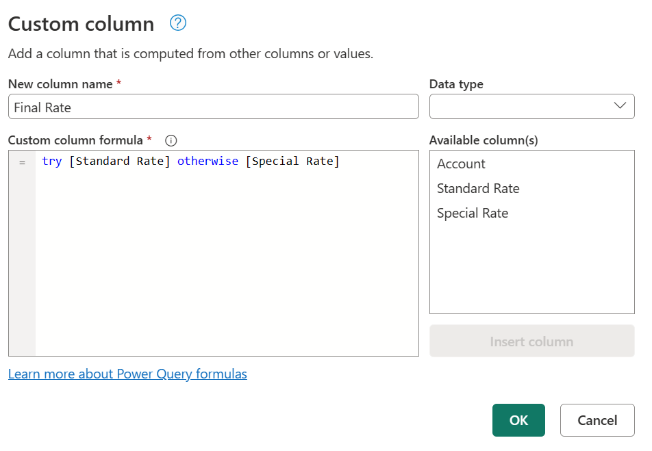 Screenshot with the Custom Column dialog open and a try otherwise formula entered in the custom column.