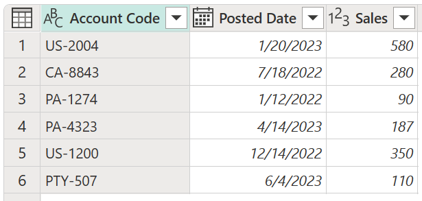 Sample table containing account codes that begin with two or three different characters.