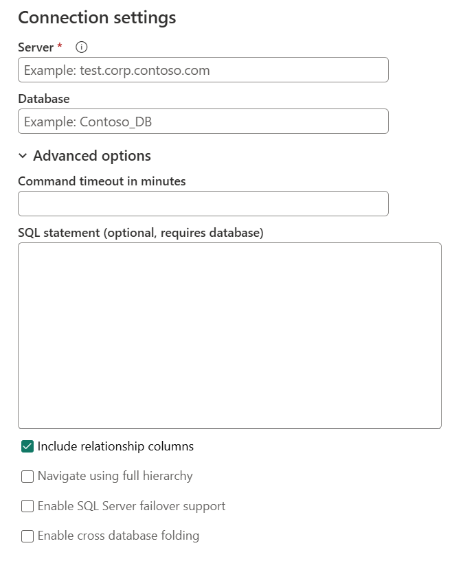 Connect to data source dialog, using the SQL Server database connector, that showcases the Connection settings with the advanced options section expanded.