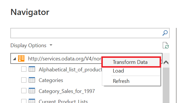 Selecting the root node in Navigator and selecting transform data from the drop-down menu.