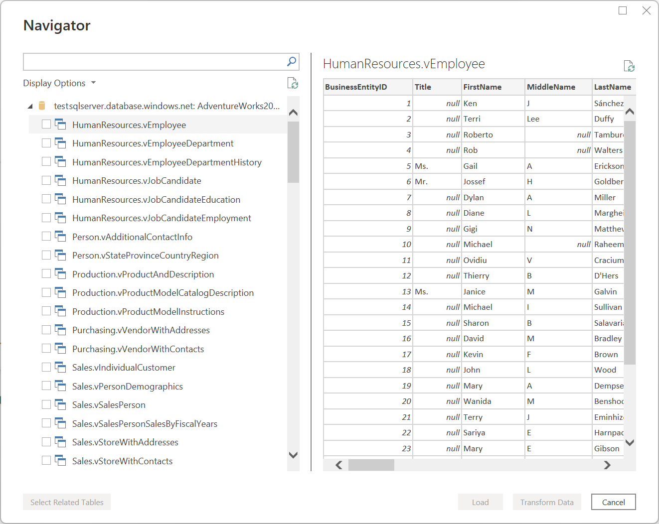 SQL Server connector navigator window in Power Query Desktop.