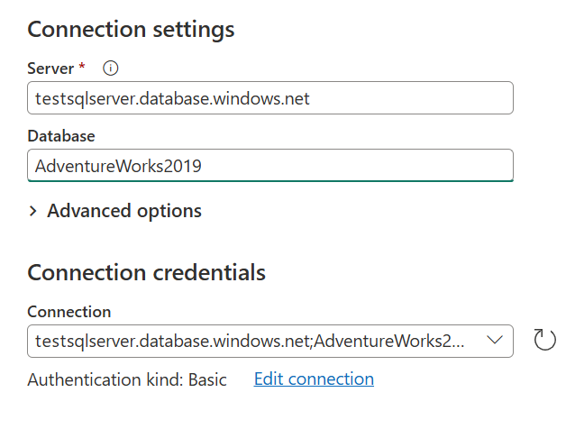 Connect to data source dialog box where the connection name was picked from the dropdown menu inside the connection field.