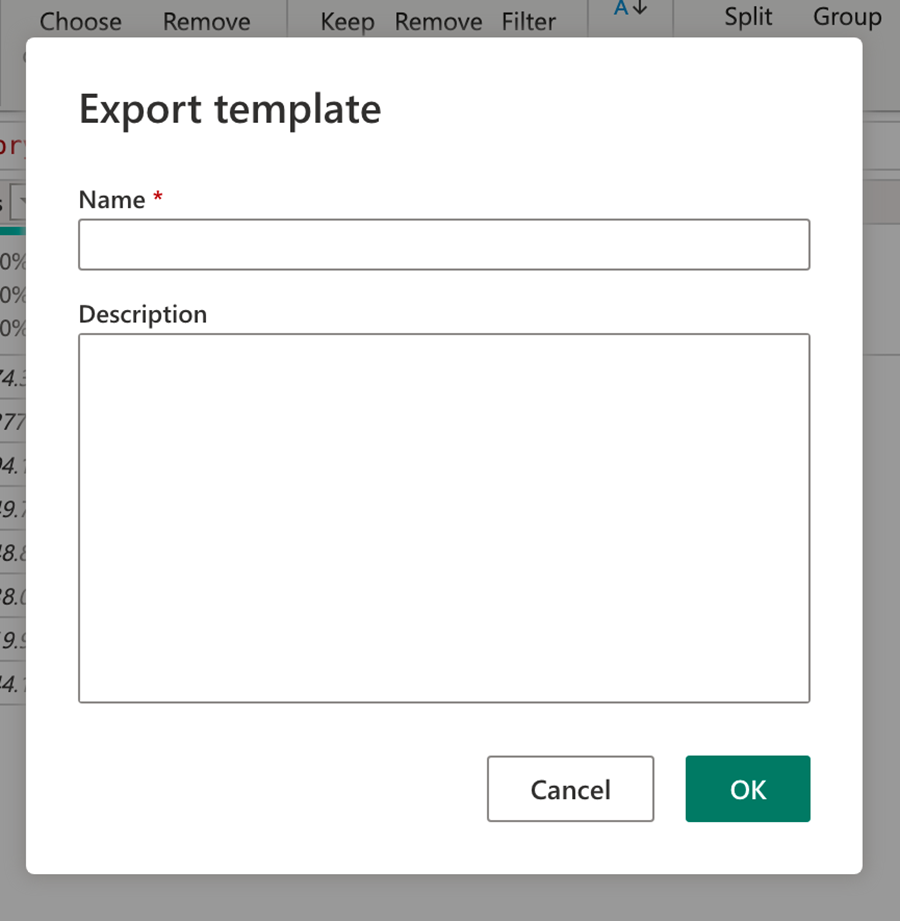 Screenshot that shows the Export Template dialog, where you set the name and the description for the template.