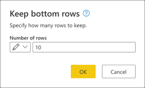 Keep bottom rows dialog with the value of 10 entered as the input value to only keep the bottom ten rows of the table.