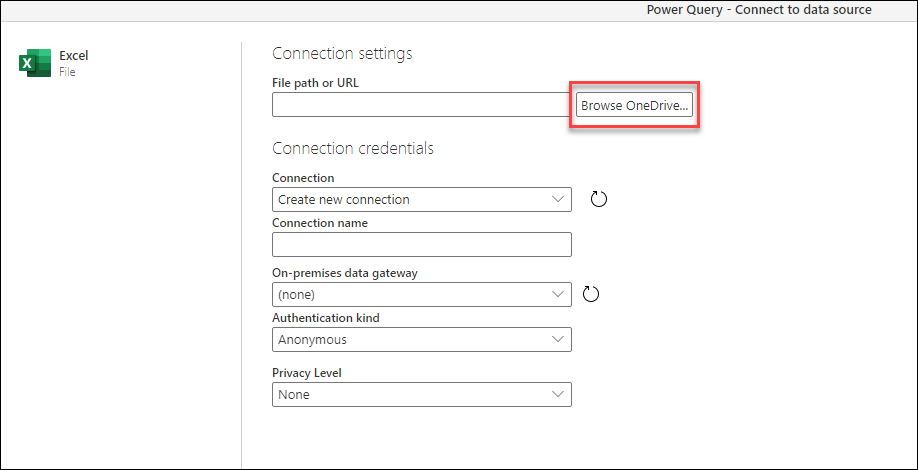 Browse OneDrive... button inside the Connection settings window for the Excel connector.
