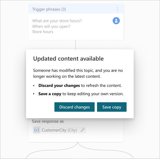 Screenshot showing a prompt that says Updated content available and gives you options to discard your changes or save a copy.
