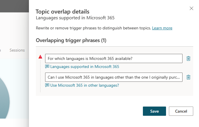 Screenshot of the Topic overlap details pane showing overlaps related to Microsoft 365 language topics.