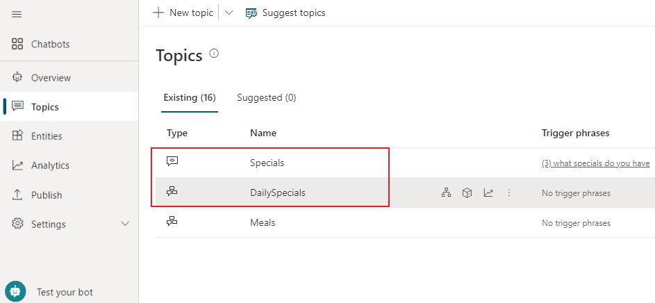 Screenshot of the topics added in Composer in the list of topics on Microsoft Copilot Studio.
