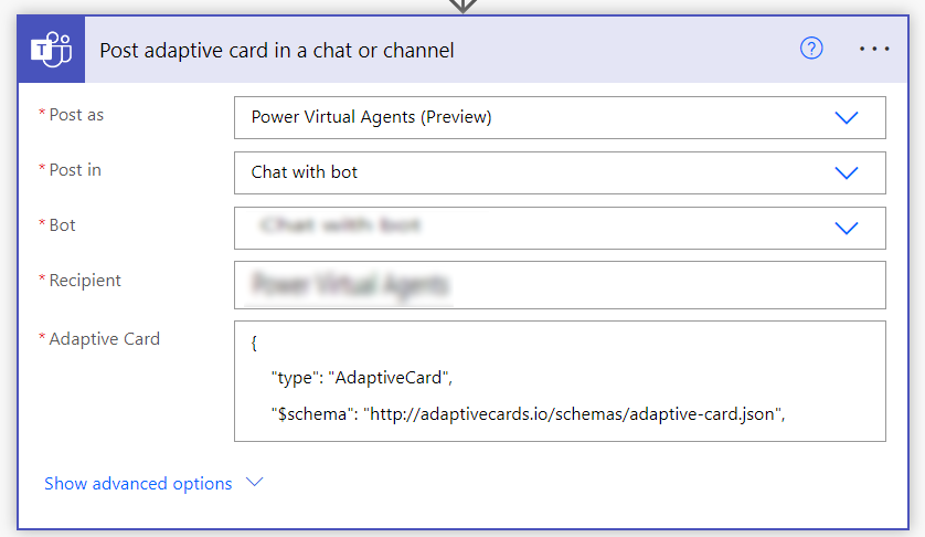 Post adaptive card action in Power Automate.