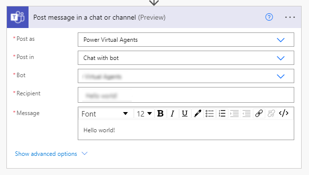 Post message action in Power Automate.