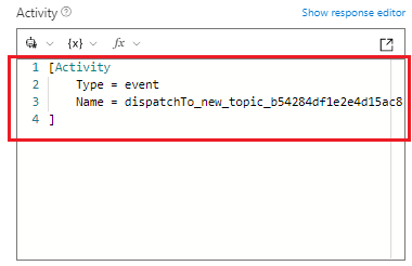 Screenshot highlighting where to add the Activity event code with a Microsoft Copilot Studio topic name.