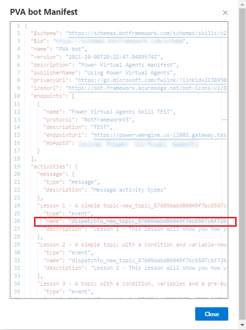 Screenshot highlighting the Microsoft Copilot Studio topic name in the manifest.