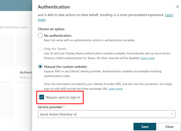 Screenshot of the Microsoft Copilot Studio Authentication page with Require users to sign in selected and highlighted.