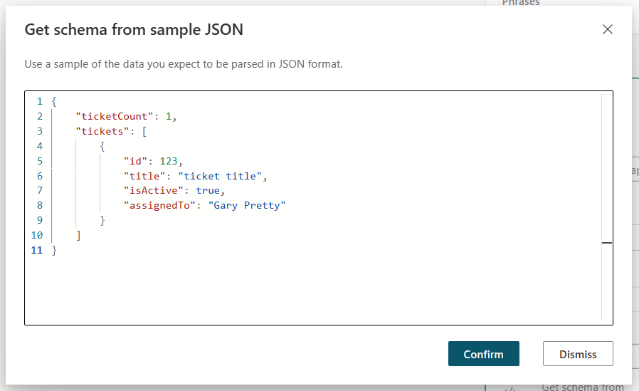 Screenshot of the Get schema from sample JSON editor.