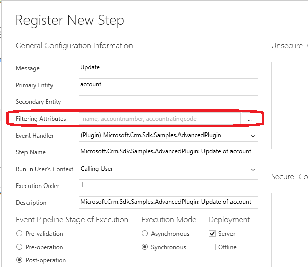 Plug-in Registration Step with Filtering Attributes.