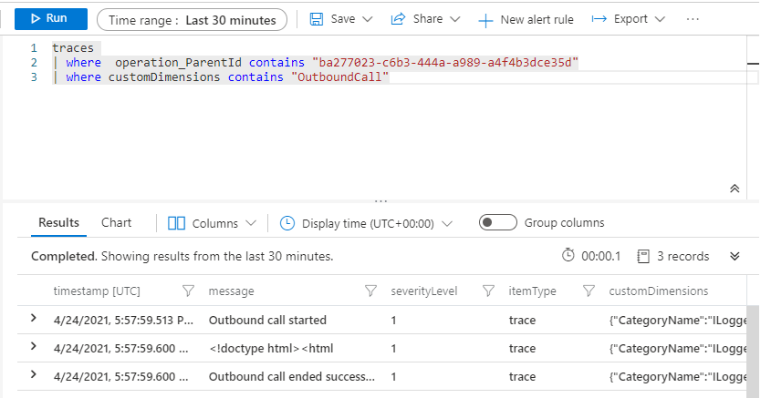 query limits the results to the logs added during the OutboundCall scope.