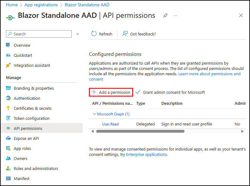 The registered application API Permissions settings page.