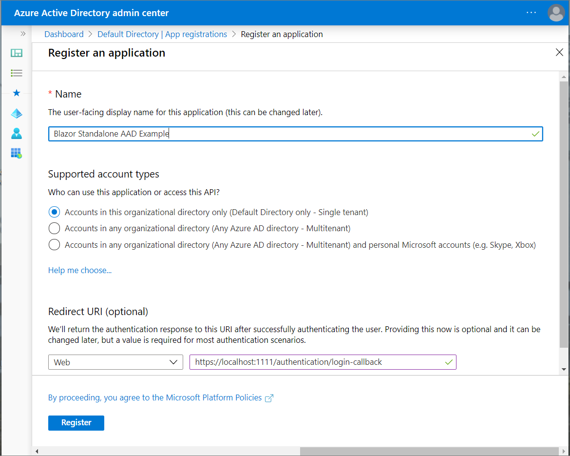 The form to register an application in Azure Active Directory.