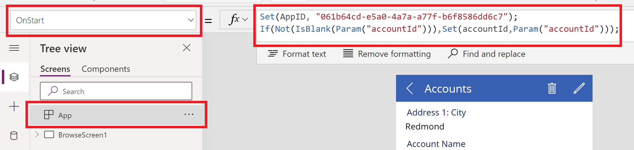 App OnStart formula with Set and Param functions.