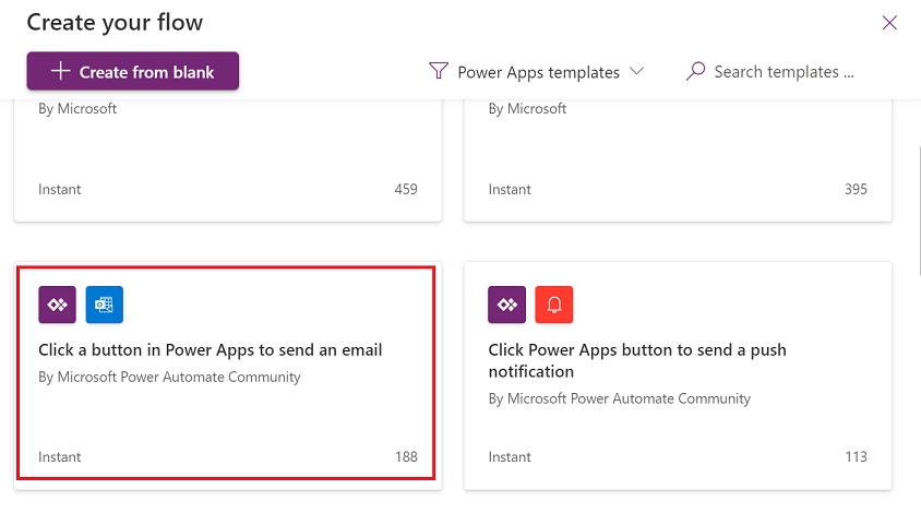 Select the Click a button in Power Apps to send an email template.