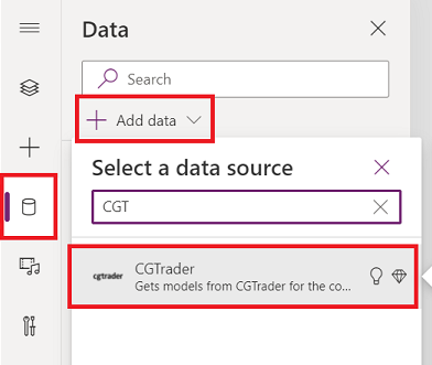 Screenshot of the Data Source panel searching for CGTrader.