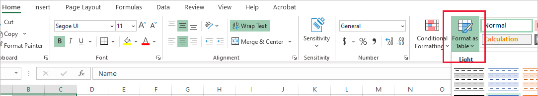 Screenshot highlighting the format as table option in Excel.