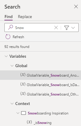 Global and context variables available in search result.