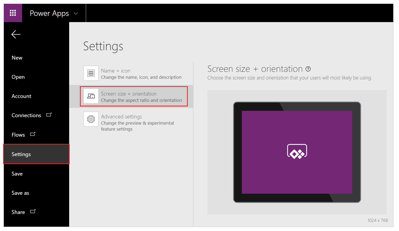 Change Screen Size And Orientation Of A Canvas App Power Apps Microsoft Docs