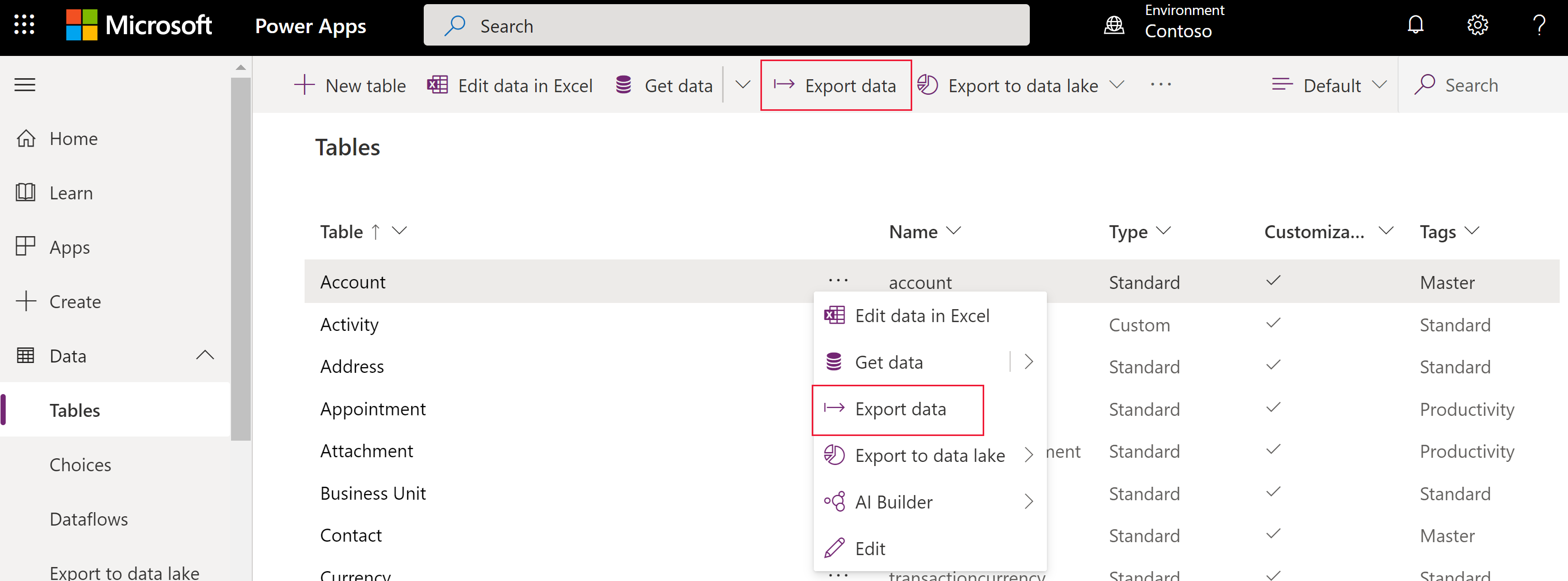 Example of exporting data from an Account table.