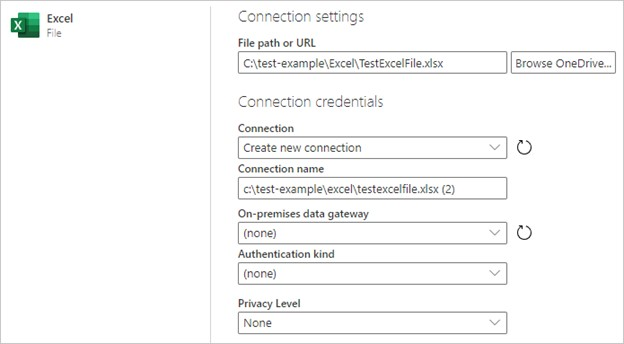 Connection information to access the Excel workbook.