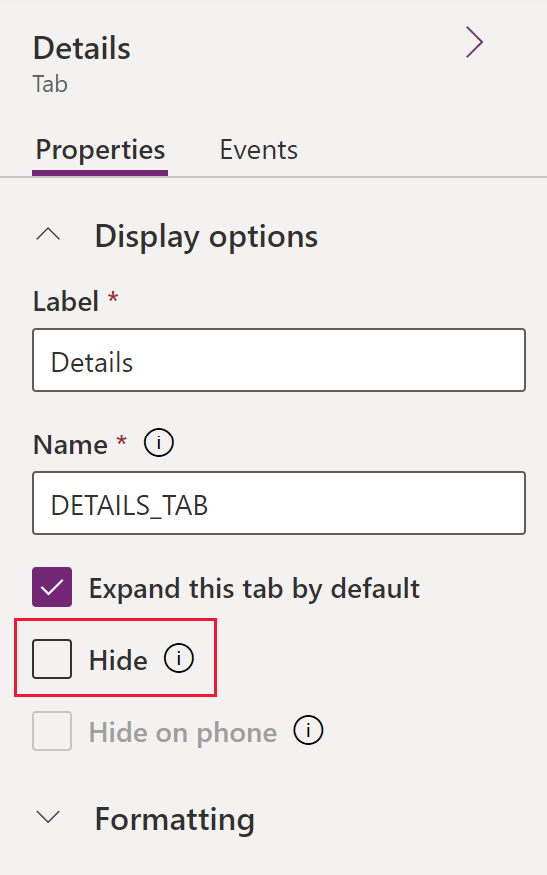 Hide property for a tab on a form