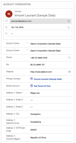 Quick view form for contact lookup.