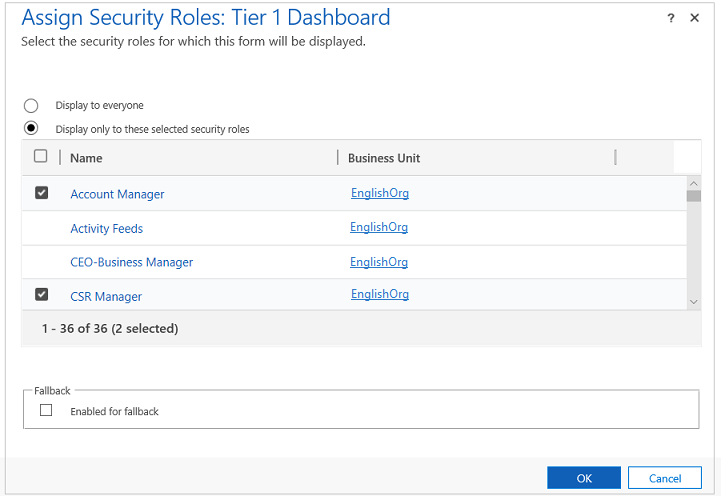Select display only these selected security roles