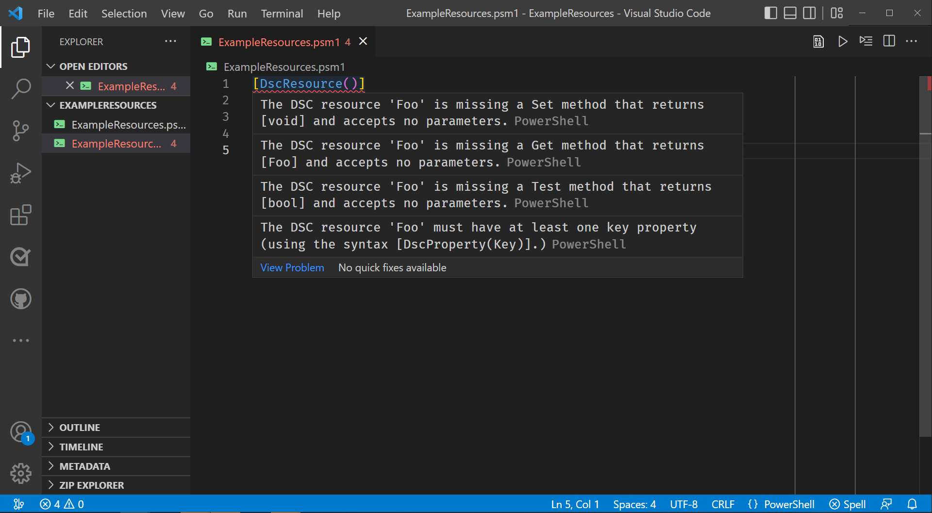 Screenshot of the DSCResource attribute's warnings in VS Code.