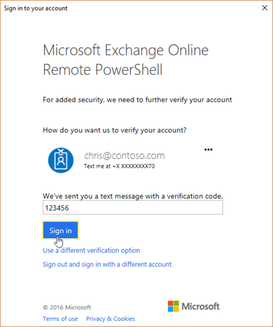 Enter your verification code in the Exchange Online Remote PowerShell window