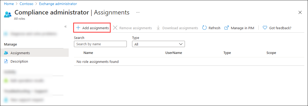 Select Add assignments on the role assignments page for Security & Compliance PowerShell.