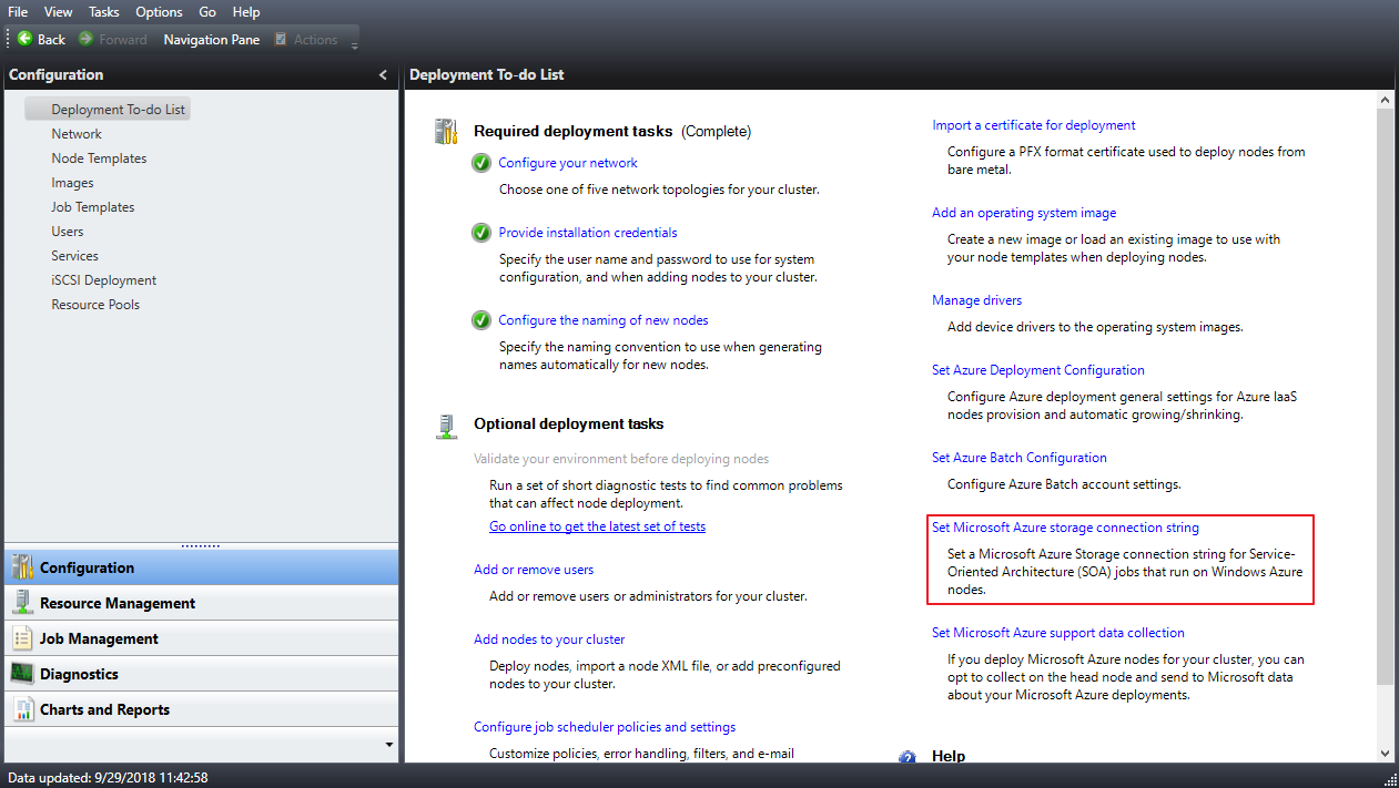 Screenshot shows the Configuration Deployment To do list with Set Microsoft Azure storage connection string highlighted.