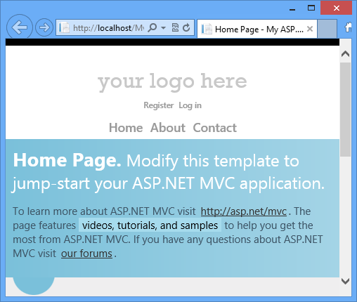 Normal MVC project template home page