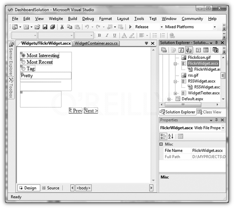At design view, the widget is nothing but a regular web control; use Visual Studio's Visual Designer to design the UI