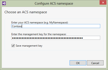 Enter the namespace name and key in Visual Studio