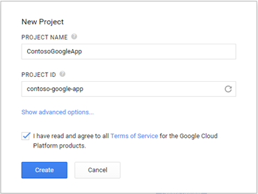Google Developer Console New Project dialog