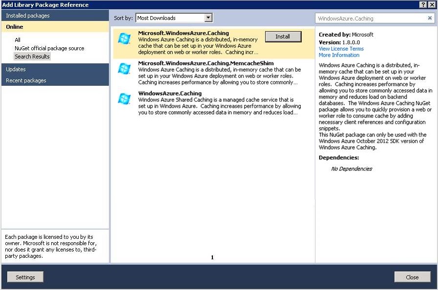 Screenshot of Caching Preview Package (NuGet 1.2)