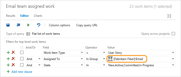 Web portal, Queries page, Query that uses In Group operator and team group name