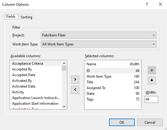 Column Options dialog, Visual Studio, Fields tab.
