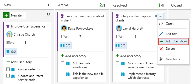 Web portal, Feature Kanban board, Open the context menu of a feature to add a story